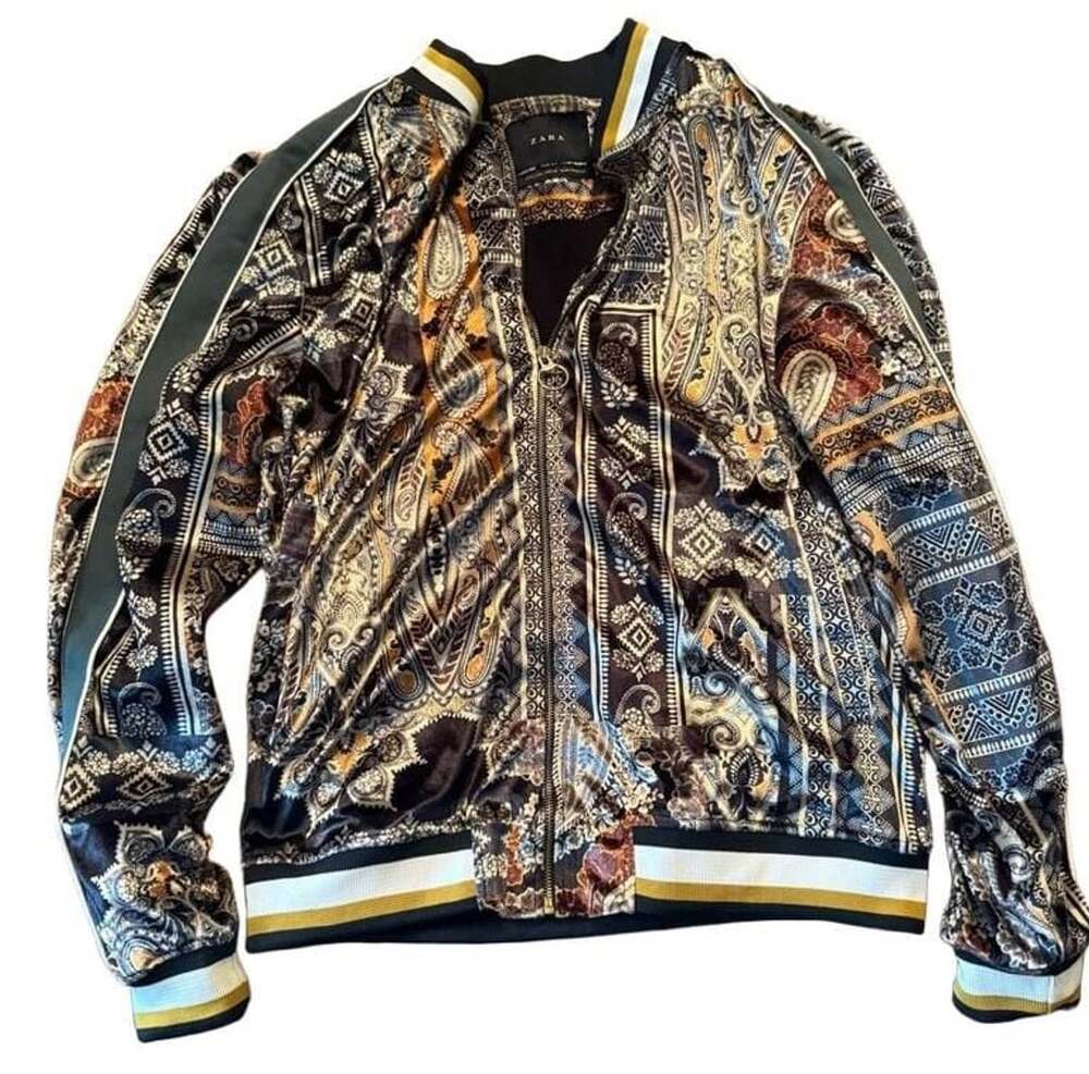 Zara Printed Velvet Bomber Jacket Size L Paisley Multicolored
